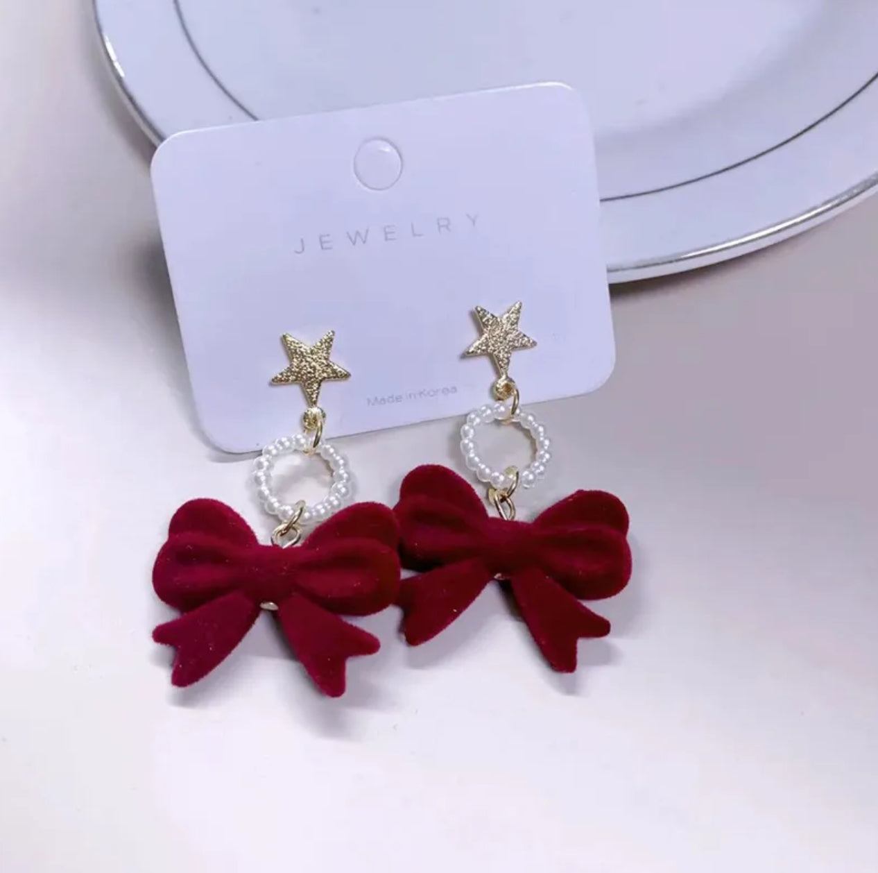 Christmas bow fur ball earrings