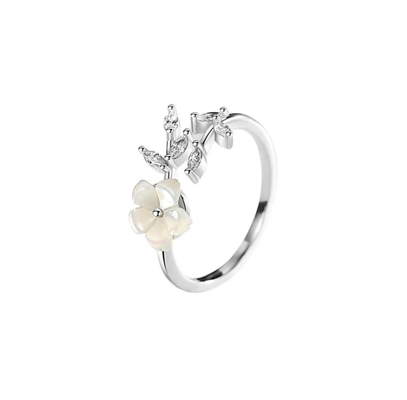 Flower detailed 925 sterling silver zircon open ring