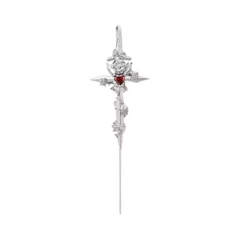 Blood rose cross earcuff (single)