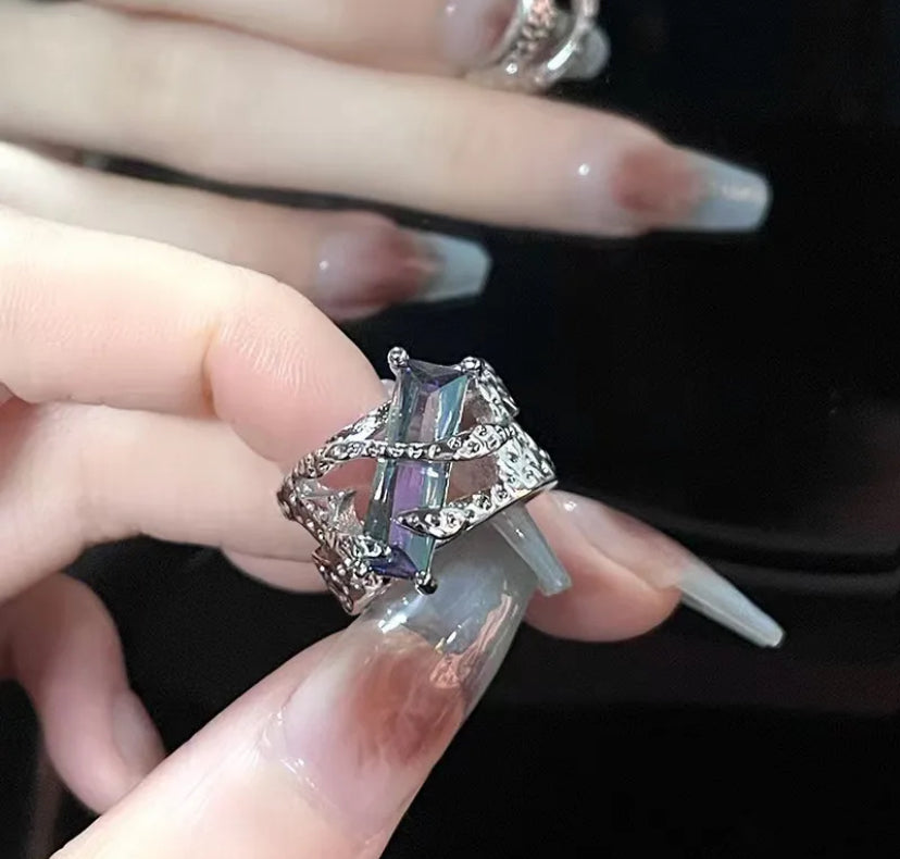 Punk silver rhinestone ring