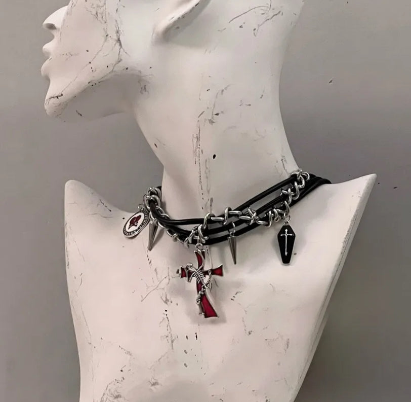 Geometric cross leather choker