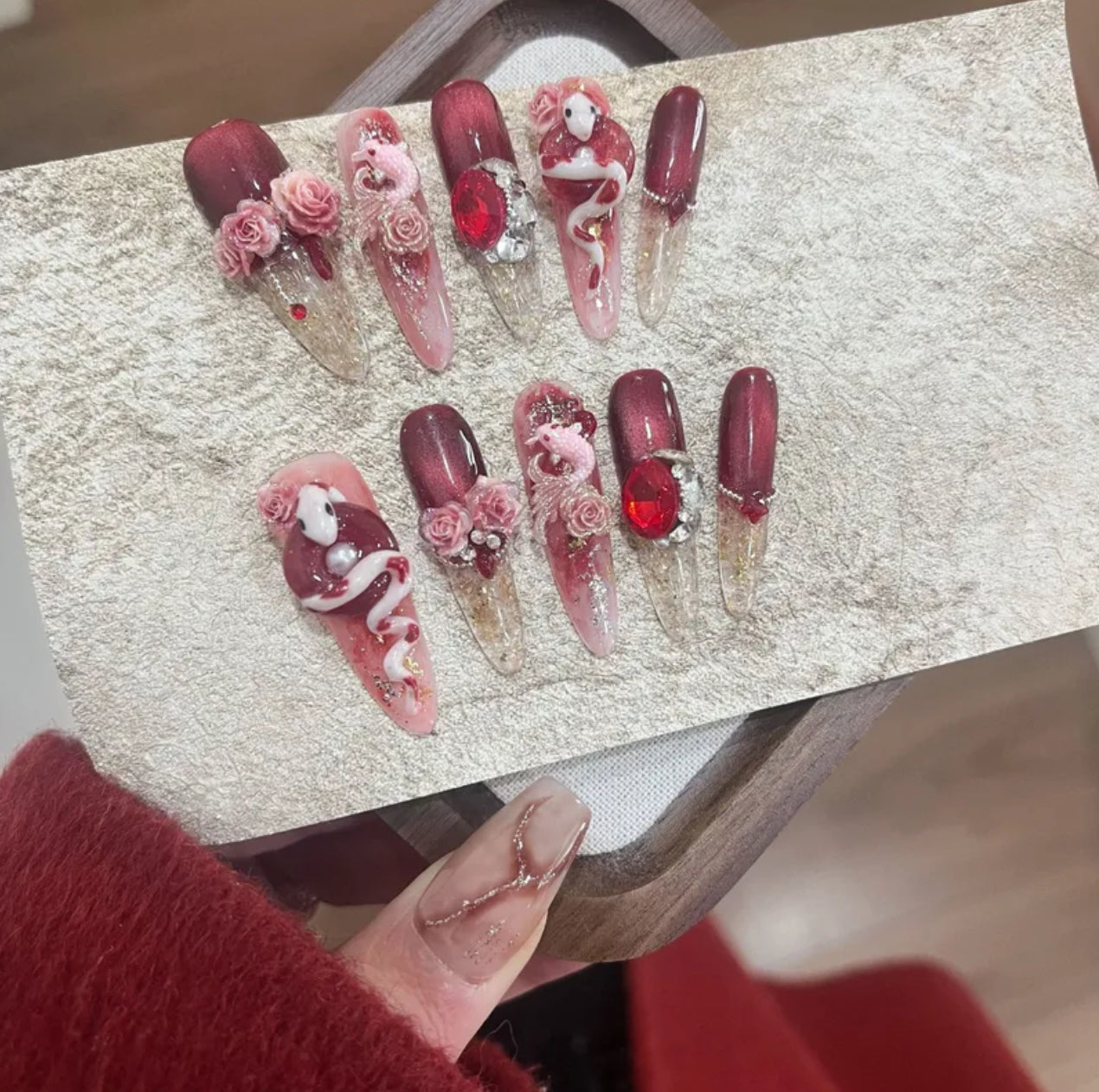 Blood moon roses 3d handmade nails