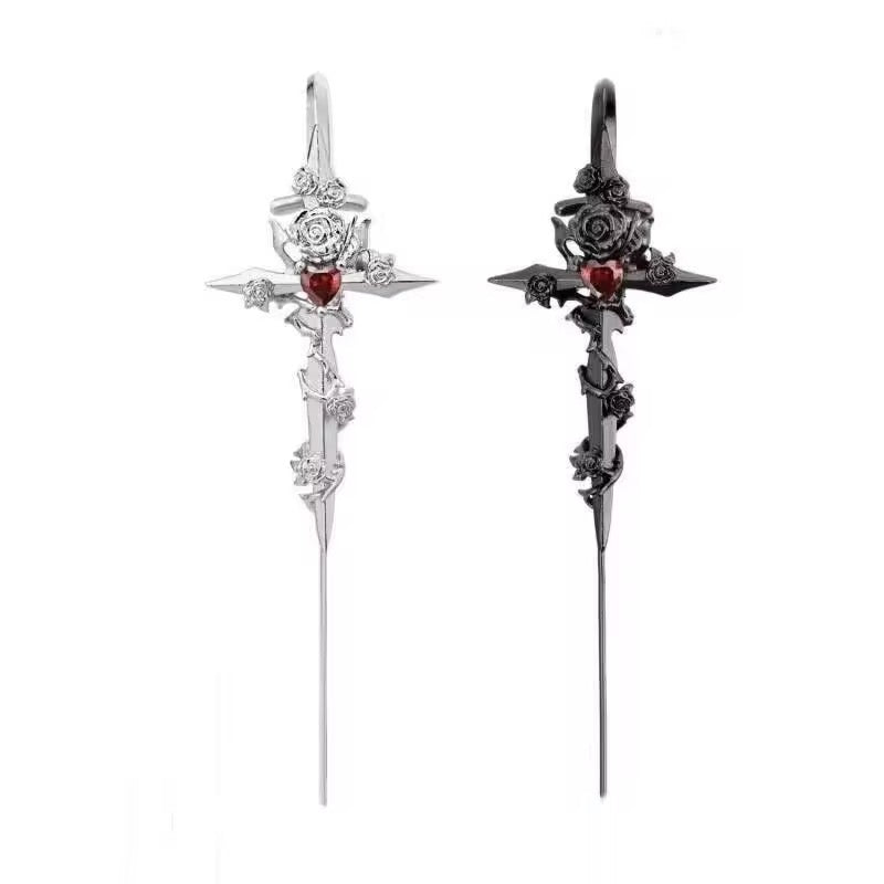 Blood rose cross earcuff (single)