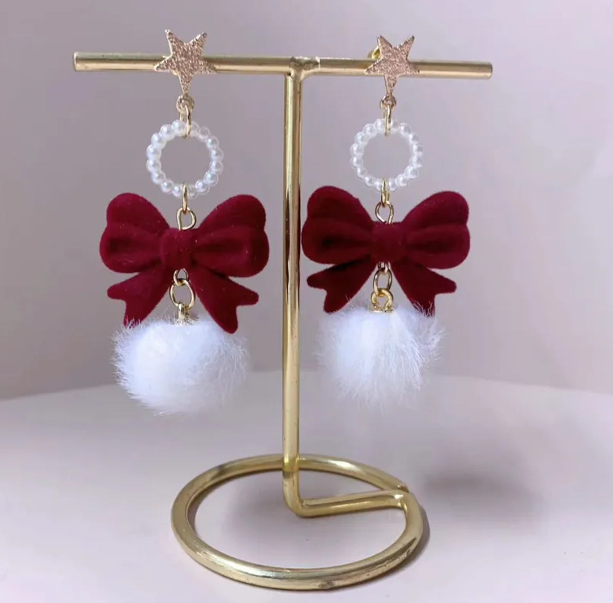 Christmas bow fur ball earrings