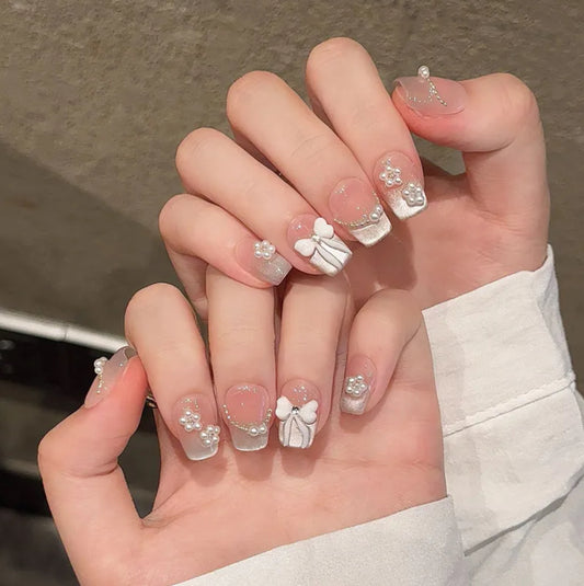 Pearl bow handmade nails