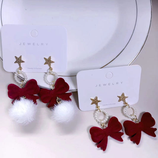 Christmas bow fur ball earrings