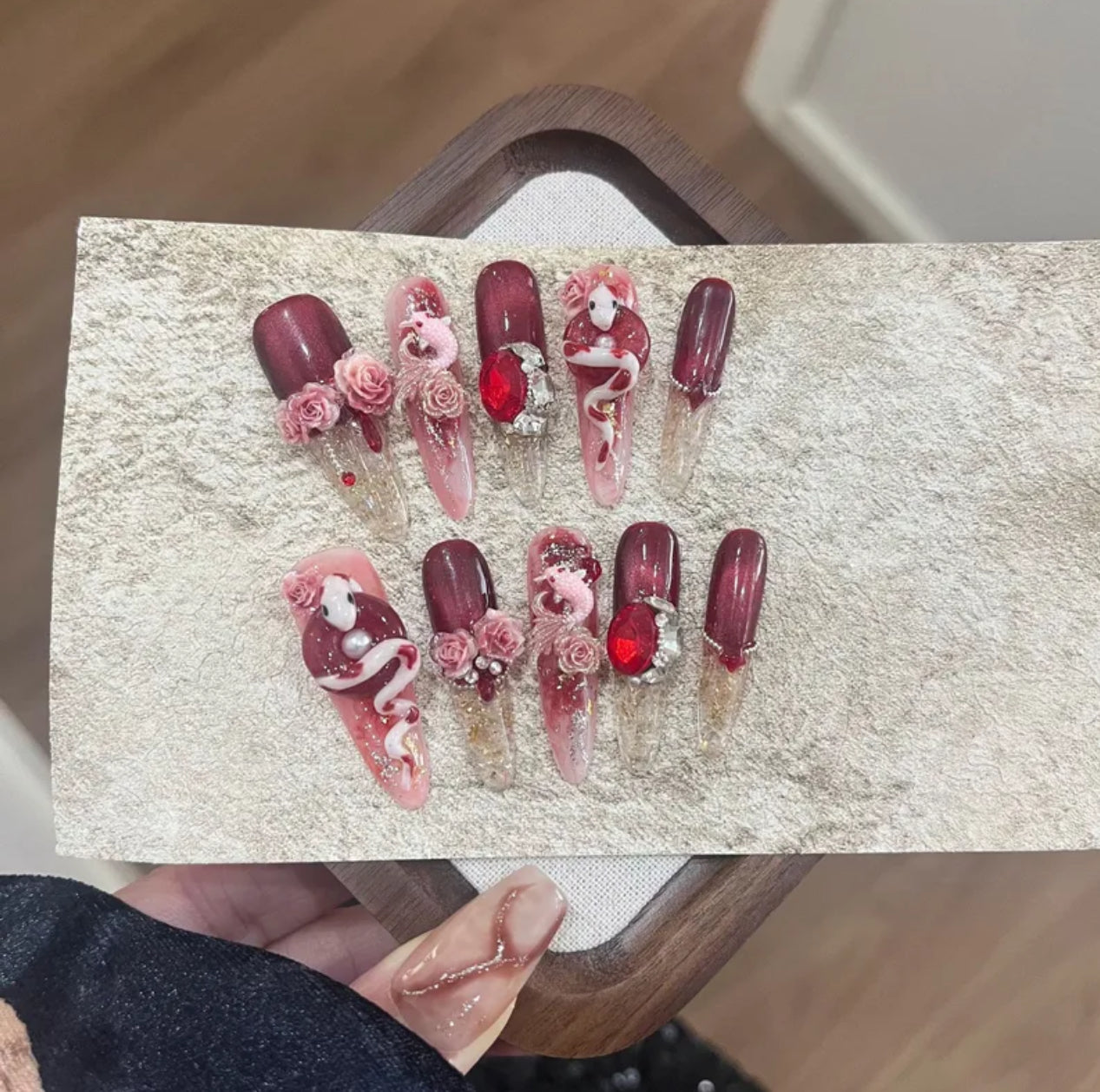 Blood moon roses 3d handmade nails